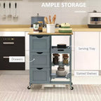 Isola per Cucina da 37 cm con Top in Legno di Gomma Grigio, 3 Cassetti, 1 Vassoio e 2 Ripiani a Doghe