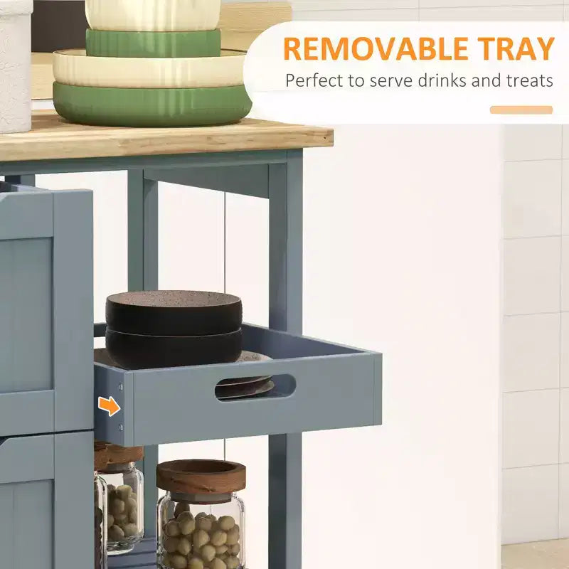 Isola per Cucina da 37 cm con Top in Legno di Gomma Grigio, 3 Cassetti, 1 Vassoio e 2 Ripiani a Doghe
