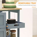 Isola per Cucina da 37 cm con Top in Legno di Gomma Grigio, 3 Cassetti, 1 Vassoio e 2 Ripiani a Doghe