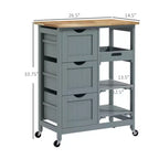Isola per Cucina da 37 cm con Top in Legno di Gomma Grigio, 3 Cassetti, 1 Vassoio e 2 Ripiani a Doghe