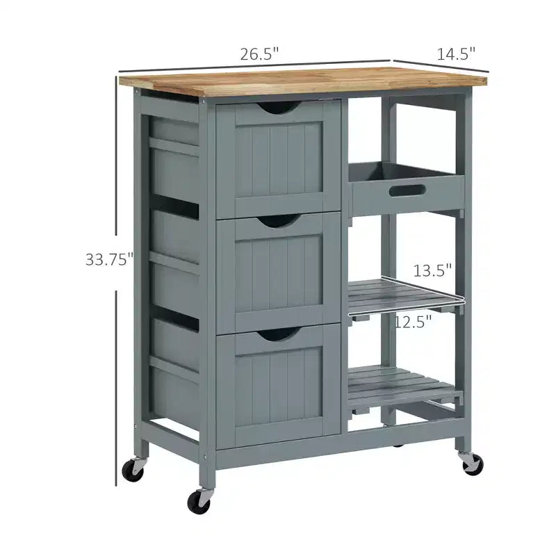 Isola per Cucina da 37 cm con Top in Legno di Gomma Grigio, 3 Cassetti, 1 Vassoio e 2 Ripiani a Doghe