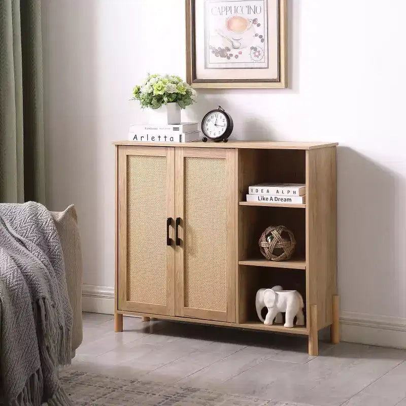 Armadietto contenitore con ante in rattan, ripiani regolabili, ripiani aperti, mobiletto d'accento boho per soggiorno, ingresso