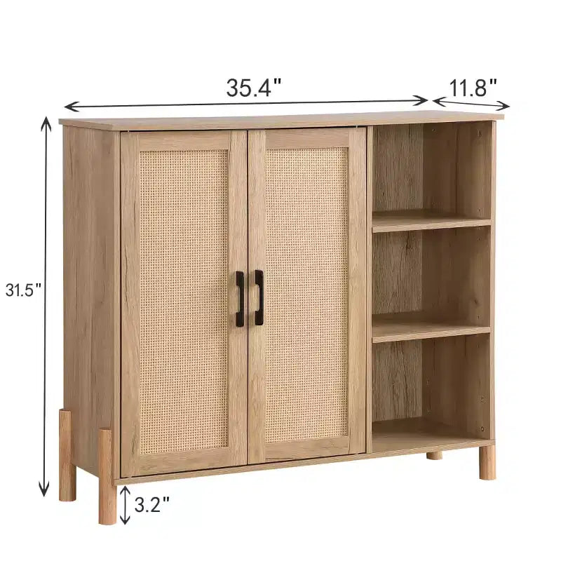 Armadietto contenitore con ante in rattan, ripiani regolabili, ripiani aperti, mobiletto d'accento boho per soggiorno, ingresso
