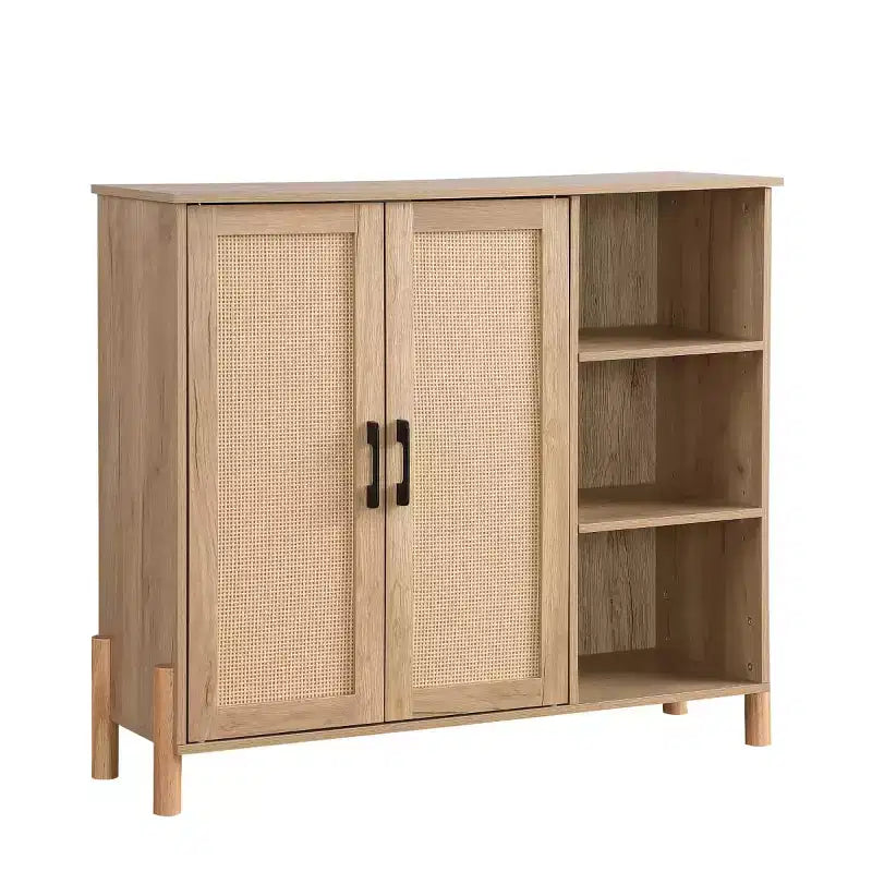 Armadietto contenitore con ante in rattan, ripiani regolabili, ripiani aperti, mobiletto d'accento boho per soggiorno, ingresso