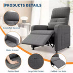 Poltrona reclinabile, reclinabile regolabile, divano singolo ergonomico imbottito, schienale alto, sedile imbottito, 2 tasche laterali, seduta home theater per soggiorno