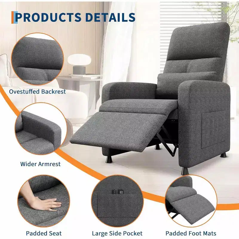 Poltrona reclinabile, reclinabile regolabile, divano singolo ergonomico imbottito, schienale alto, sedile imbottito, 2 tasche laterali, seduta home theater per soggiorno