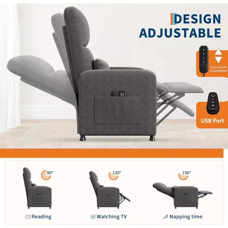 Poltrona reclinabile, reclinabile regolabile, divano singolo ergonomico imbottito, schienale alto, sedile imbottito, 2 tasche laterali, seduta home theater per soggiorno