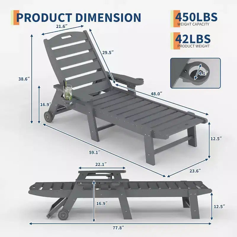 Sedia a Sdraio da Esterno a 5 Posizioni, Chaise Longue da Esterno in HDPE con Portabicchieri, Sedia a Sdraio da Piscina in Resina con Ruote