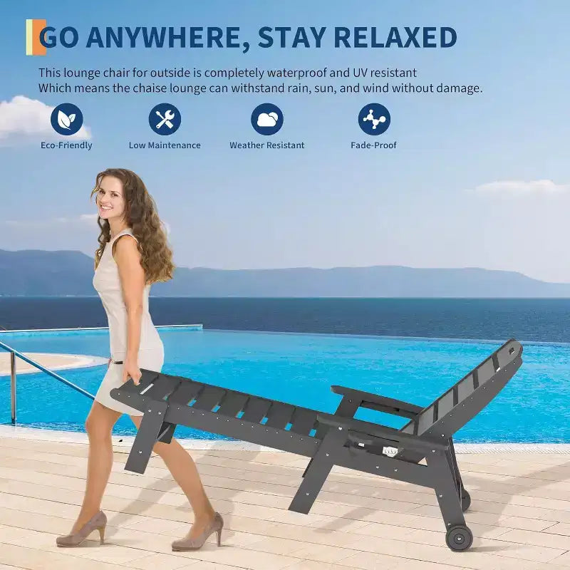 Sedia a Sdraio da Esterno a 5 Posizioni, Chaise Longue da Esterno in HDPE con Portabicchieri, Sedia a Sdraio da Piscina in Resina con Ruote