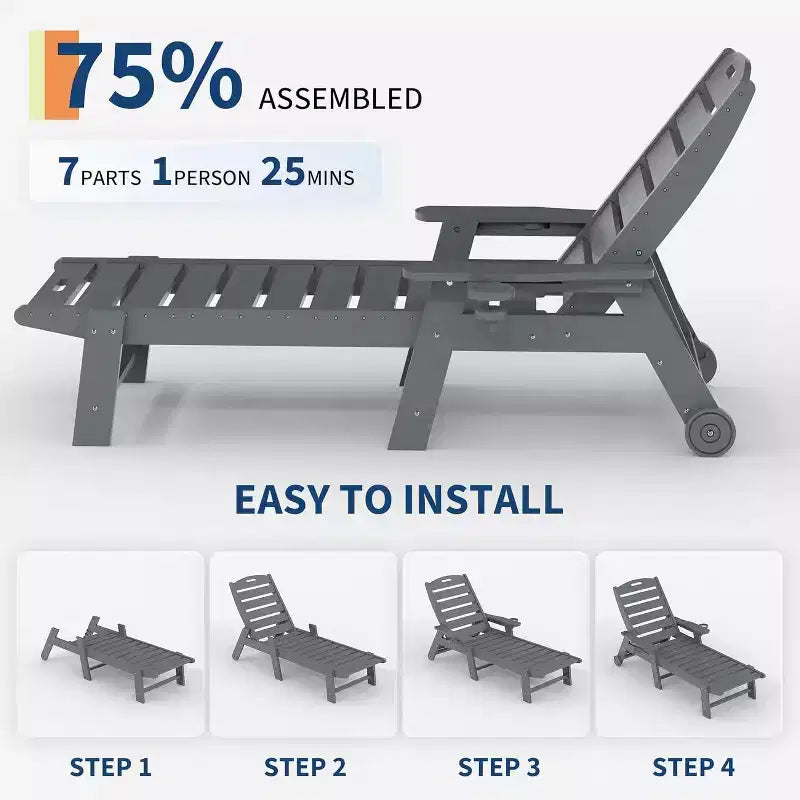 Sedia a Sdraio da Esterno a 5 Posizioni, Chaise Longue da Esterno in HDPE con Portabicchieri, Sedia a Sdraio da Piscina in Resina con Ruote
