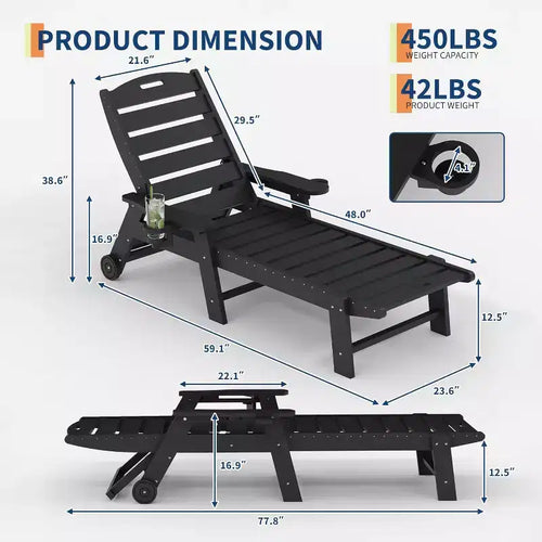 Sedia a Sdraio da Esterno a 5 Posizioni, Chaise Longue da Esterno in HDPE con Portabicchieri, Sedia a Sdraio da Piscina in Resina con Ruote