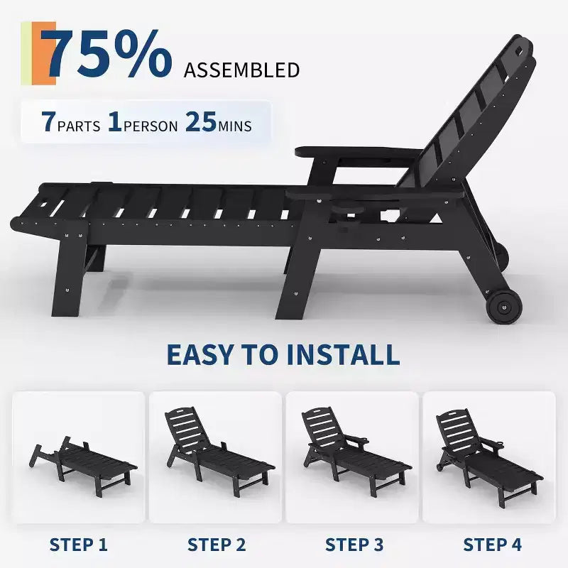 Sedia a Sdraio da Esterno a 5 Posizioni, Chaise Longue da Esterno in HDPE con Portabicchieri, Sedia a Sdraio da Piscina in Resina con Ruote