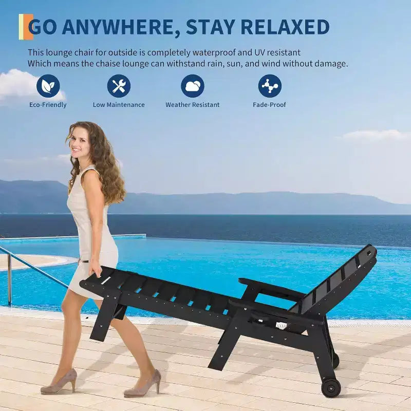 Sedia a Sdraio da Esterno a 5 Posizioni, Chaise Longue da Esterno in HDPE con Portabicchieri, Sedia a Sdraio da Piscina in Resina con Ruote