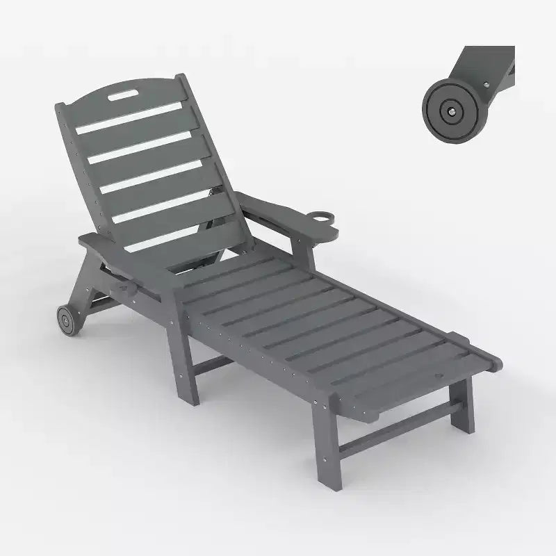 Sedia a Sdraio da Esterno a 5 Posizioni, Chaise Longue da Esterno in HDPE con Portabicchieri, Sedia a Sdraio da Piscina in Resina con Ruote