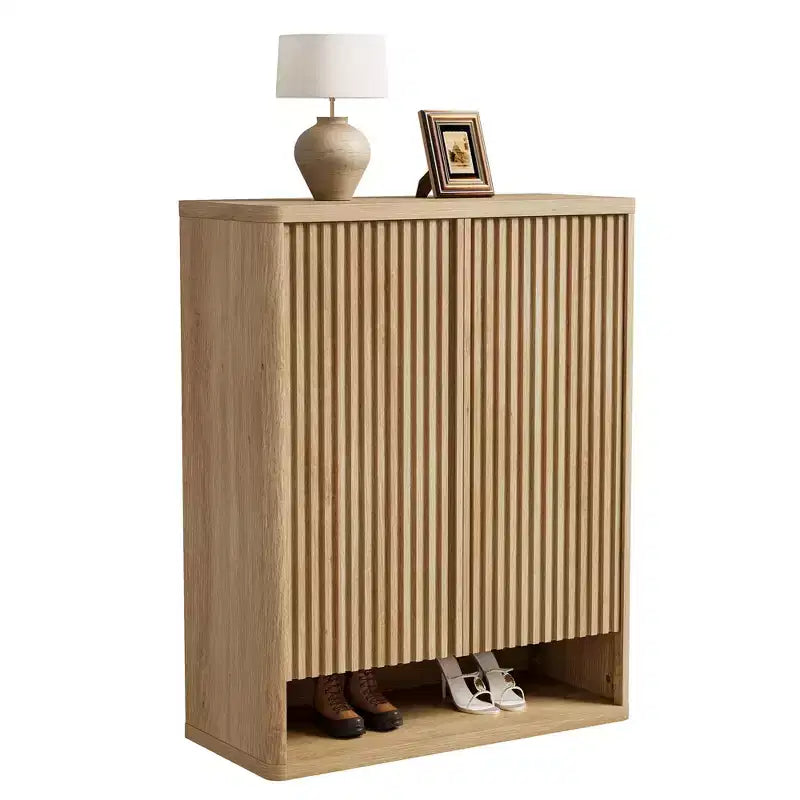 Scarpiera con Ripiani Regolabili, Mobile Scarpiera in Legno con Ante Scanalate per Ingresso Soggiorno