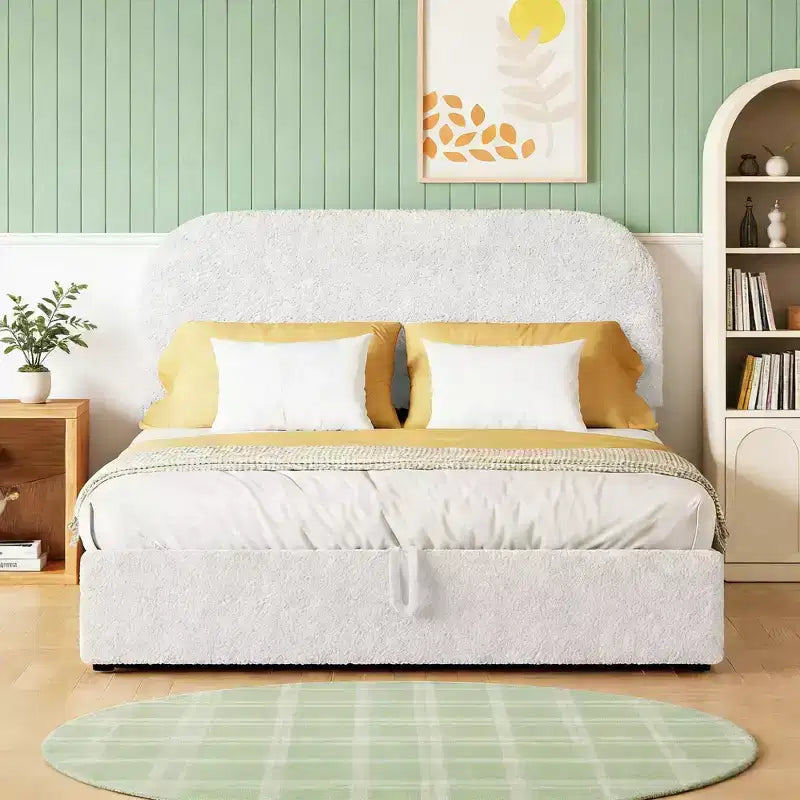 Letto matrimoniale moderno imbottito con sistema idraulico di sollevamento per vano contenitore