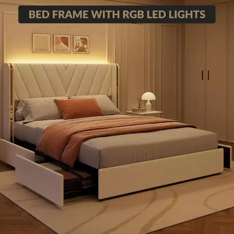 Letto Queen con struttura in velluto e luci LED, con testiera a tutta altezza e 4 cassetti, nessuna rete a molle richiesta