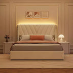 Letto Queen con struttura in velluto e luci LED, con testiera a tutta altezza e 4 cassetti, nessuna rete a molle richiesta