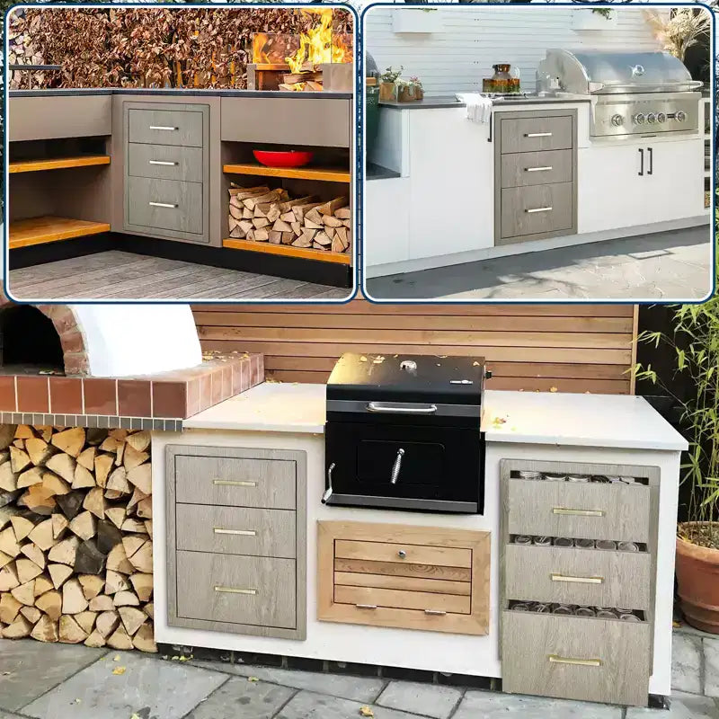 Armadietto a tre cassetti in acciaio inossidabile per carichi pesanti, resistente alle intemperie, a incasso per isole BBQ da cucina all'aperto