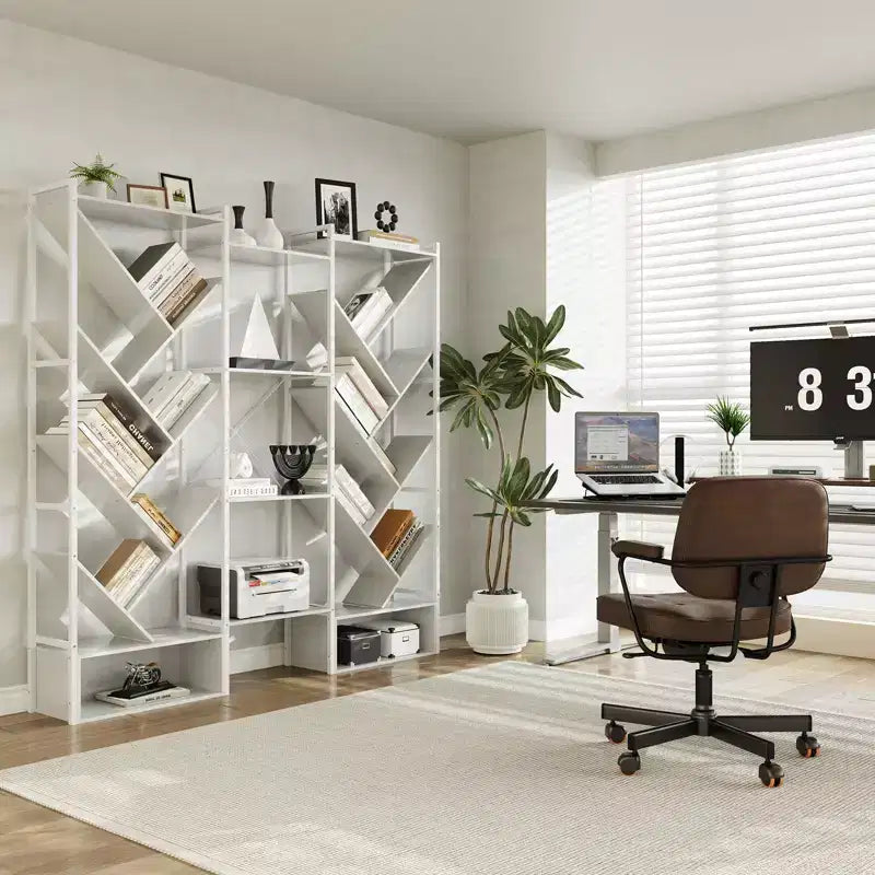Libreria a 6 ripiani tripla, grande libreria industriale con 24 ripiani aperti, struttura in metallo e ripiani in legno per soggiorno e casa
