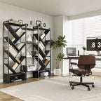 Libreria a 6 ripiani tripla, grande libreria industriale con 24 ripiani aperti, struttura in metallo e ripiani in legno per soggiorno e casa