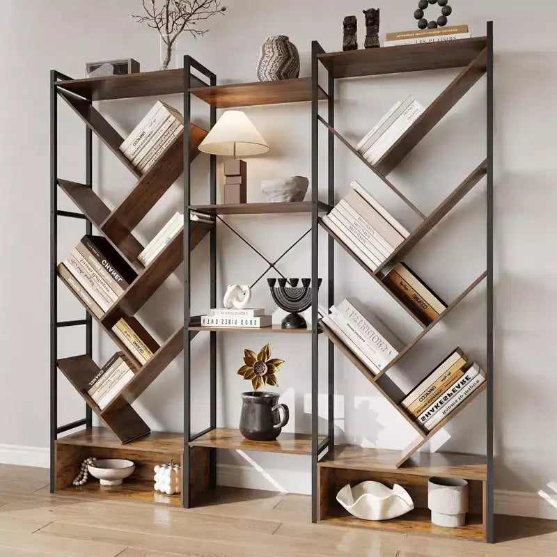 Libreria a 6 ripiani tripla, grande libreria industriale con 24 ripiani aperti, struttura in metallo e ripiani in legno per soggiorno e casa