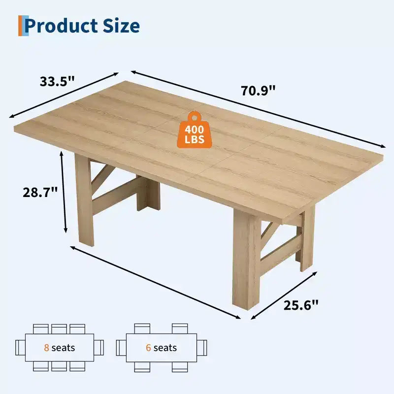 Ampio tavolo da pranzo in stile rustico da 180 cm per 6-8 persone - Robusto tavolo rettangolare in legno - Piano spesso e robuste gambe triangolari