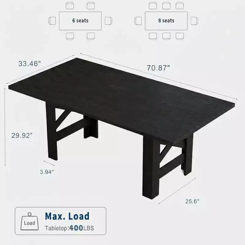 Ampio tavolo da pranzo in stile rustico da 180 cm per 6-8 persone - Robusto tavolo rettangolare in legno - Piano spesso e robuste gambe triangolari