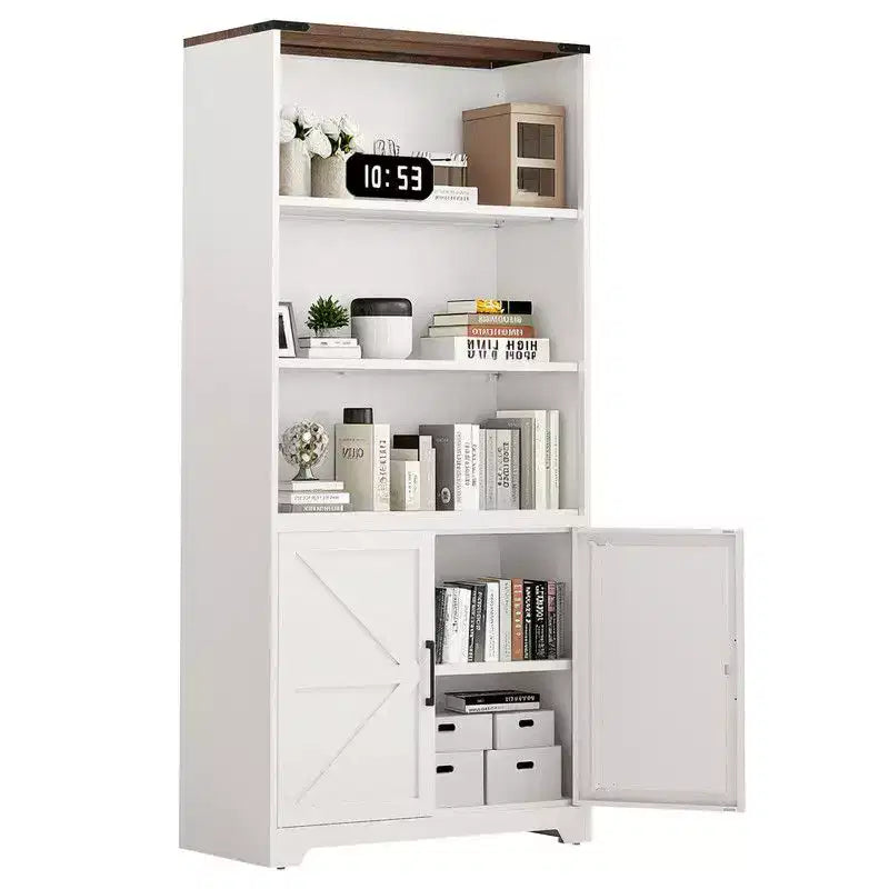Libreria con armadietto portaoggetti in acciaio a 3 ripiani con porta scorrevole "barn door"