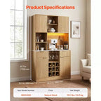 Mobile Bar con Cantinetta, Credenza Moderna con 9 Portabottiglie, Porta Calici, Luci LED, Stazione di Ricarica, Naturale