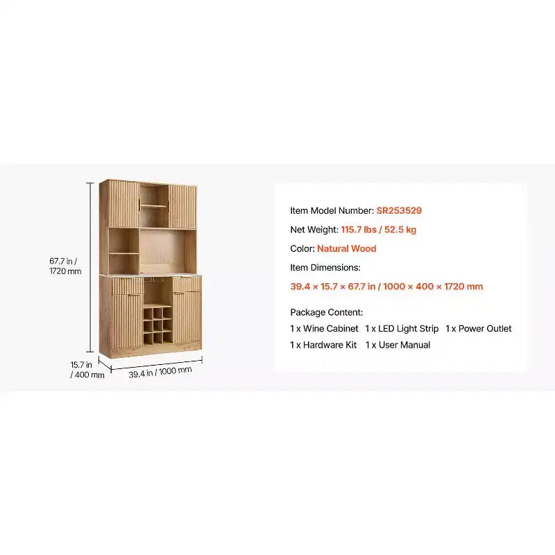 Mobile Bar con Cantinetta, Credenza Moderna con 9 Portabottiglie, Porta Calici, Luci LED, Stazione di Ricarica, Naturale
