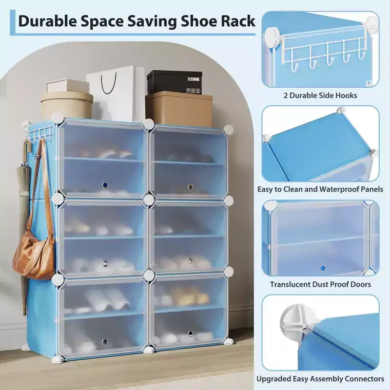 Scarpiera a 6 Ripiani a Doppia Fila con Ganci, Scaffale Porta Scarpe Indipendente a 12 Cubi per Armadio, Ingresso e Camera da Letto, Nero