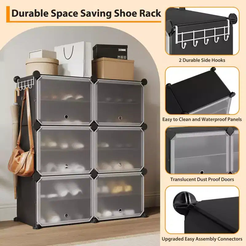 Scarpiera a 6 Ripiani a Doppia Fila con Ganci, Scaffale Porta Scarpe Indipendente a 12 Cubi per Armadio, Ingresso e Camera da Letto, Nero