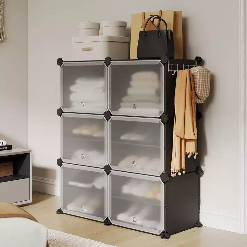 Scarpiera a 6 Ripiani a Doppia Fila con Ganci, Scaffale Porta Scarpe Indipendente a 12 Cubi per Armadio, Ingresso e Camera da Letto, Nero