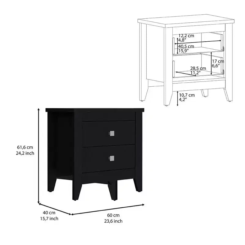 Comodino nero in legno a due cassetti da 24"