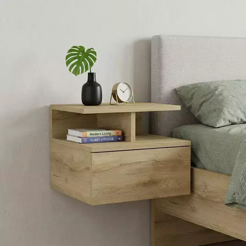 Comodino galleggiante con un cassetto in legno beige da 30 cm