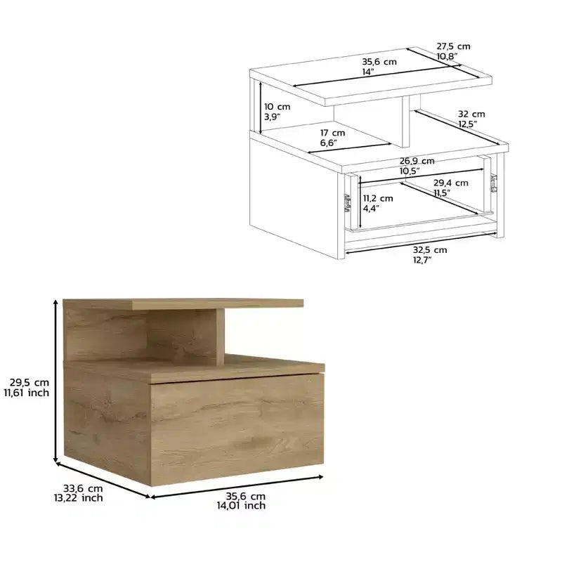 Comodino galleggiante con un cassetto in legno beige da 30 cm