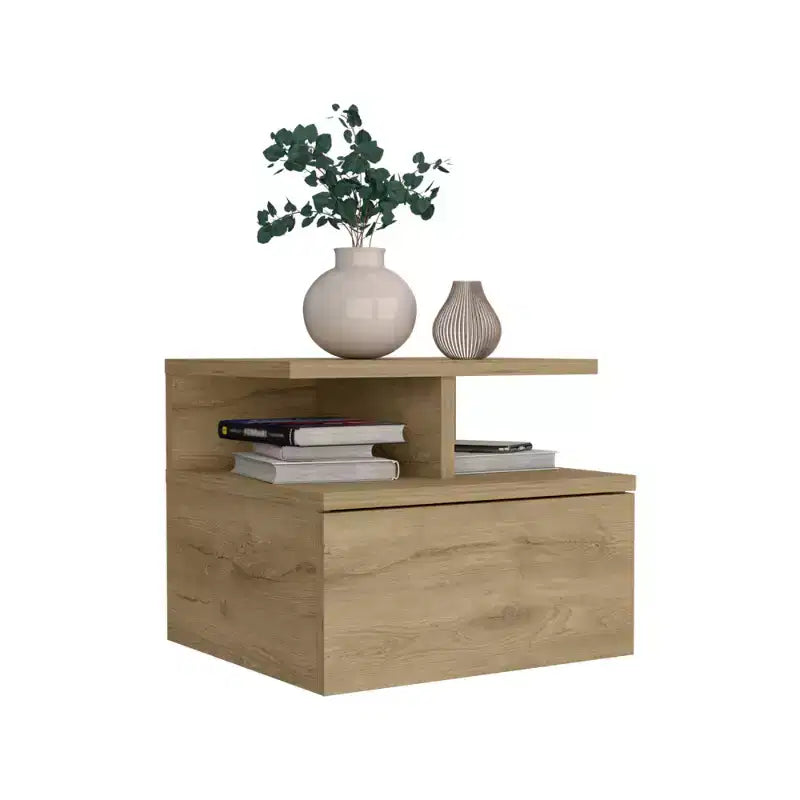 Comodino galleggiante con un cassetto in legno beige da 30 cm