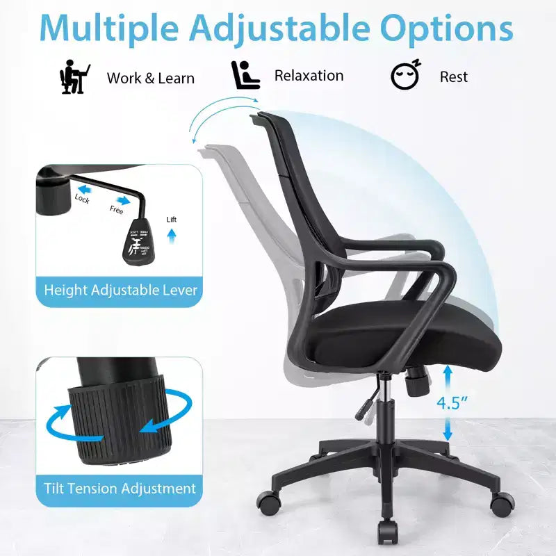 Sedia da ufficio ergonomica, regolabile in altezza, in rete traspirante, con braccioli