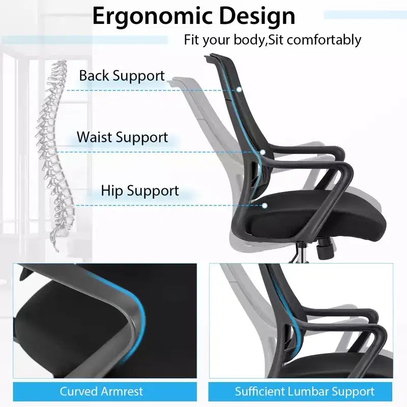 Sedia da ufficio ergonomica, regolabile in altezza, in rete traspirante, con braccioli